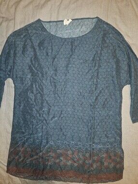 Garnet Hill Blue Printed 100% Silk 3/4 Sleeve Top Classy Business Boho